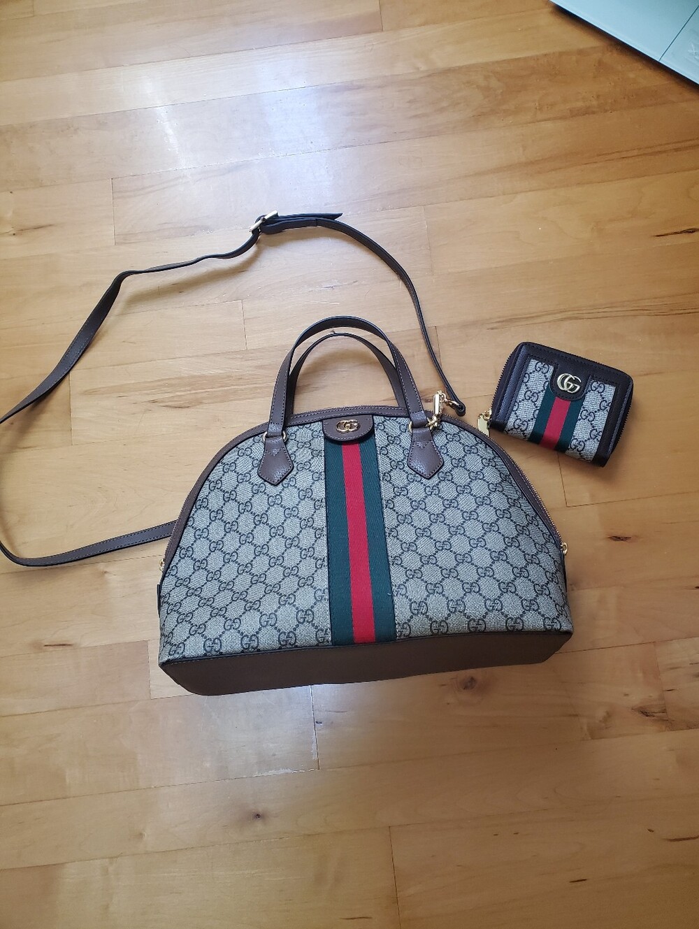Beige Supreme Dome Satchel with Green-Red Web Stripe and Brown Trim